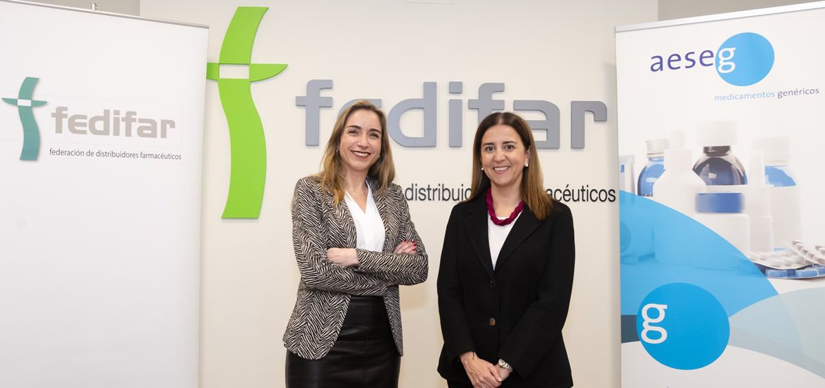 De izq. a dcha., Matilde Sánchez, presidenta de FEDIFAR; y Mar Fábregas, presidenta de AESEG