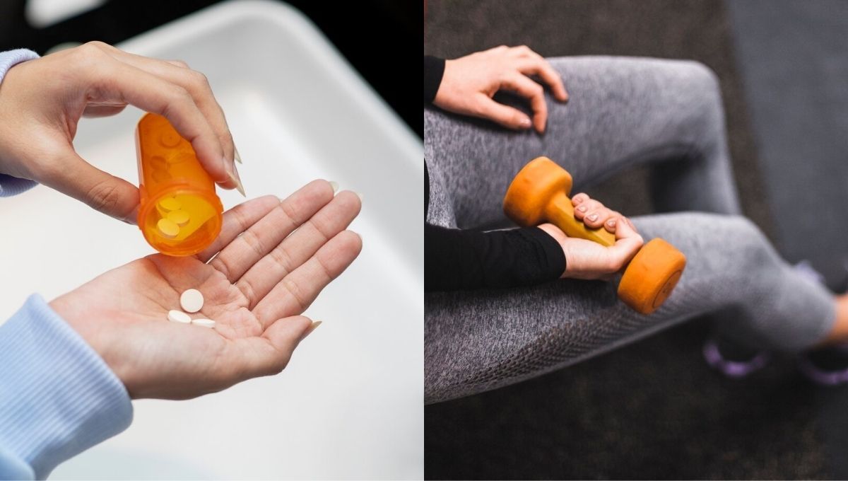Una persona toma pastillas y otra hace ejercicio (FOTOMONTAJE: ConSalud.es)