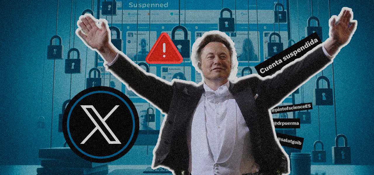 Icono de Twitter, X, y Elon Musk, el magnate de la red social que ha suspendido a más de 20 cuentas de científicos y divulgadores en España (Foto. Fotomontaje ConSalud)