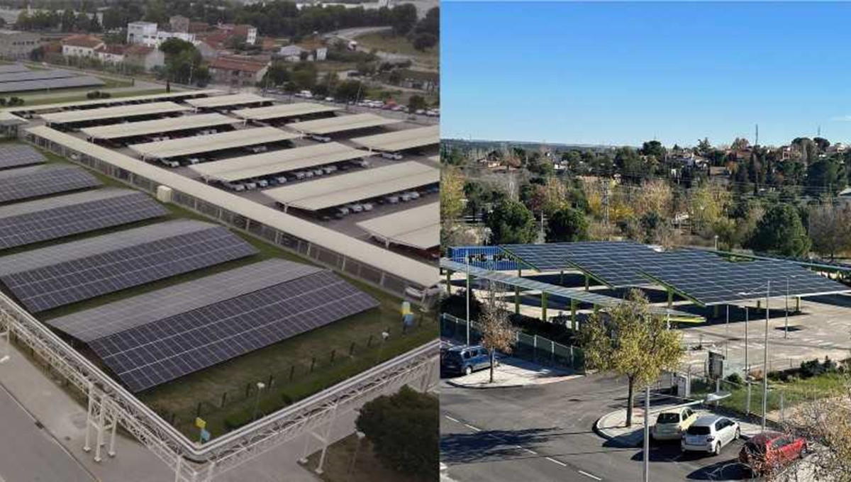 Parque fotovoltaico en los sites de Merck en Mollet del Vallès, izquierda, y el recién inaugurado de Tres Cantos, derecha. (Foto. Merck)