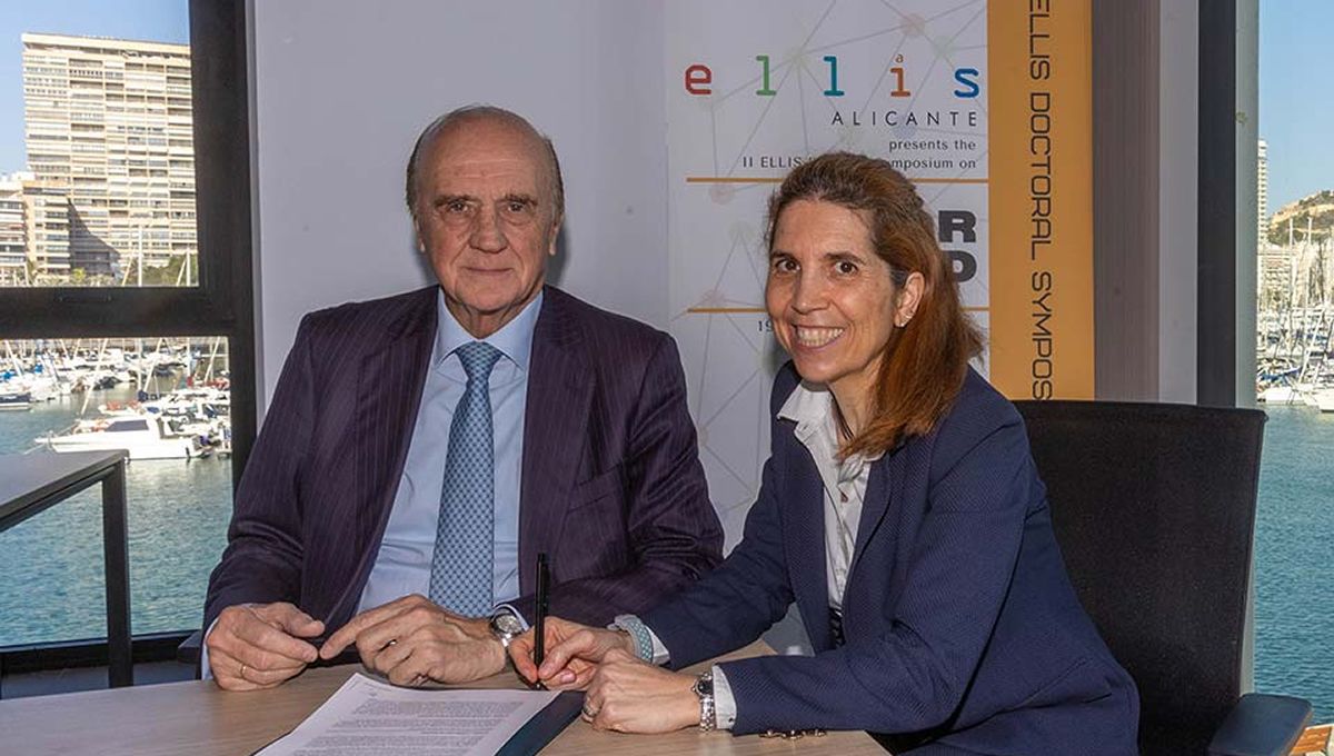 Eduardo Gil, presidente de Nippon Gases y Nuria Oliver, cofundadora y directora científica de ELLIS Alicante (Foto. Nippon Gases)