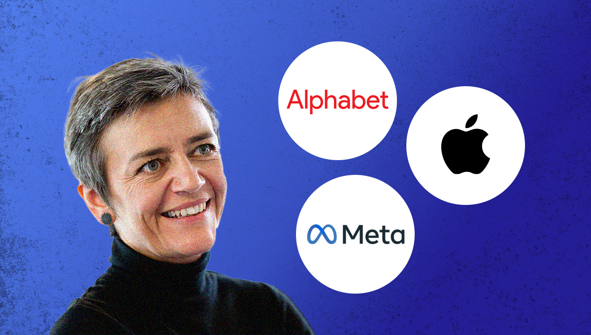 La comisaria de competencia, Margrethe Vestager, abre una investigación a Meta, Alphabet y Apple (Foto. Montaje Salud35)