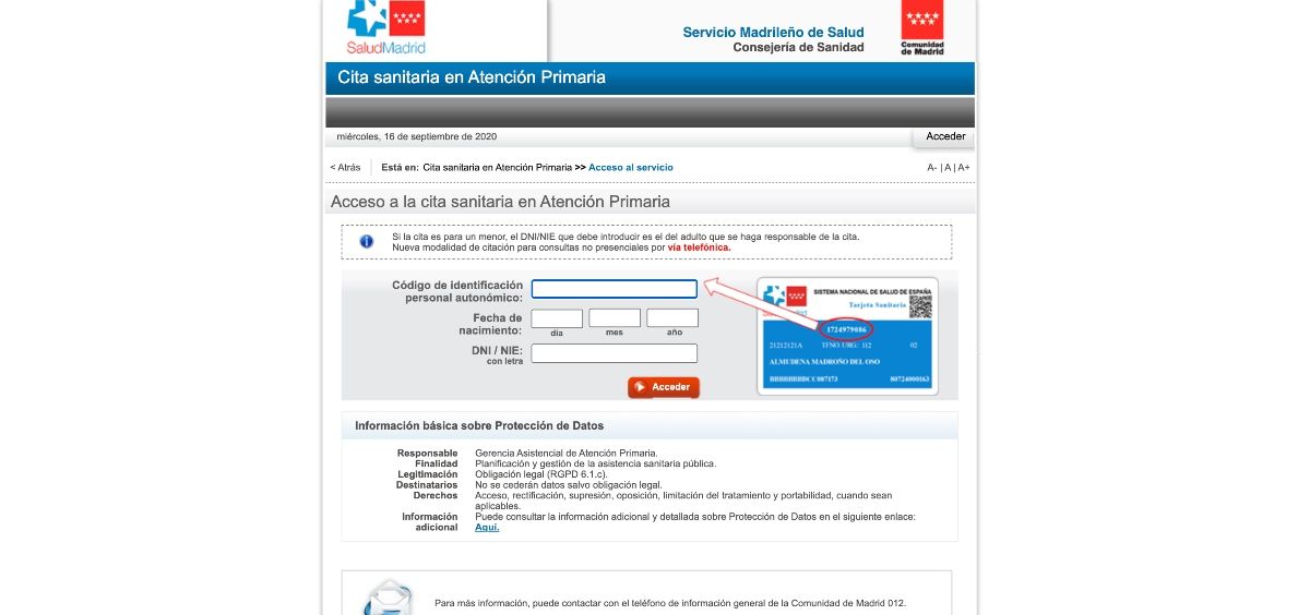 Portal de cita sanitaria en Atención Primaria de la Comunidad de Madrid.