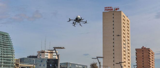 El dron, durante su servicio en Valencia (Foto. UPM)