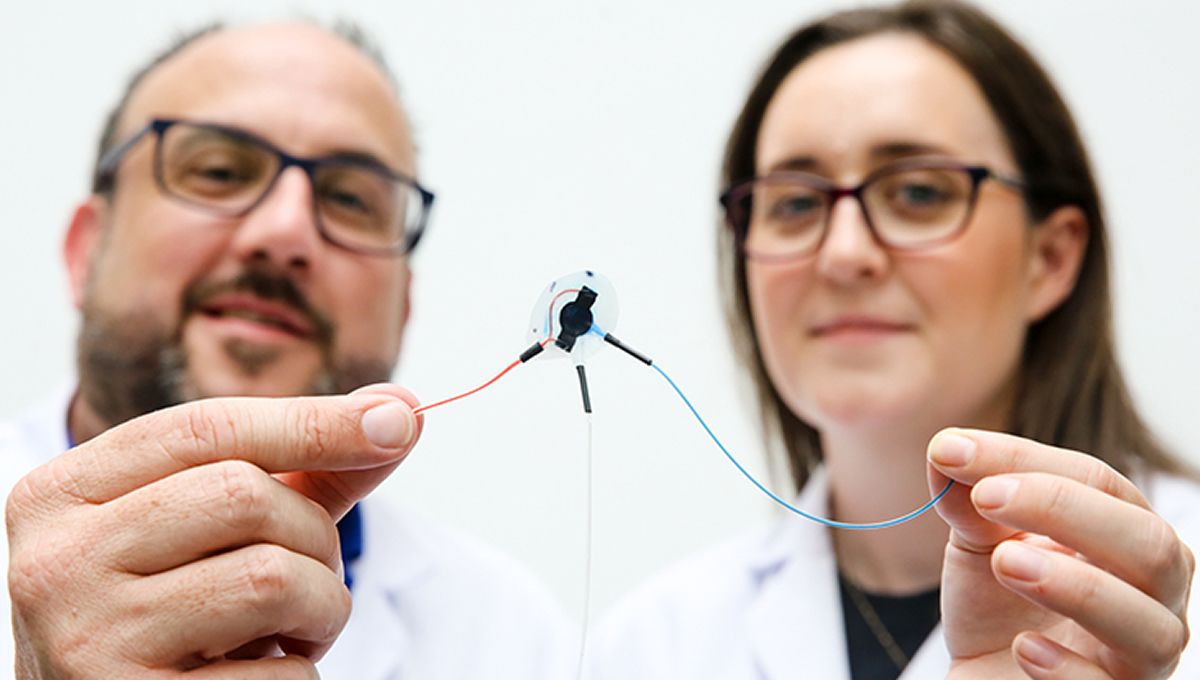 El profesor Garry Duffy y la Dra. Rachel Beatty muestran el implante robótico blando (Foto: Universidad de Galway)