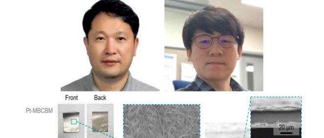 De izda. a dcha., Jun Yongseok, Yun Yong Ju y el dispositivo implantable para la generación de energía eléctrica con humedad (Foto. Universidad de Corea)