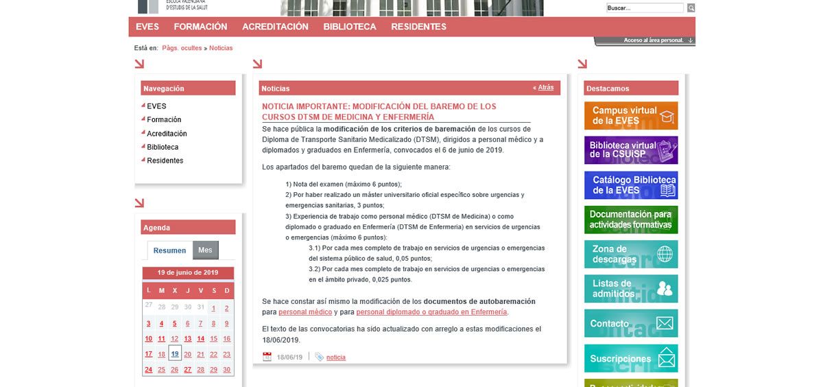 Modificación de la convocatoria en la web de la Escuela Valenciana de Estudios de la Salud