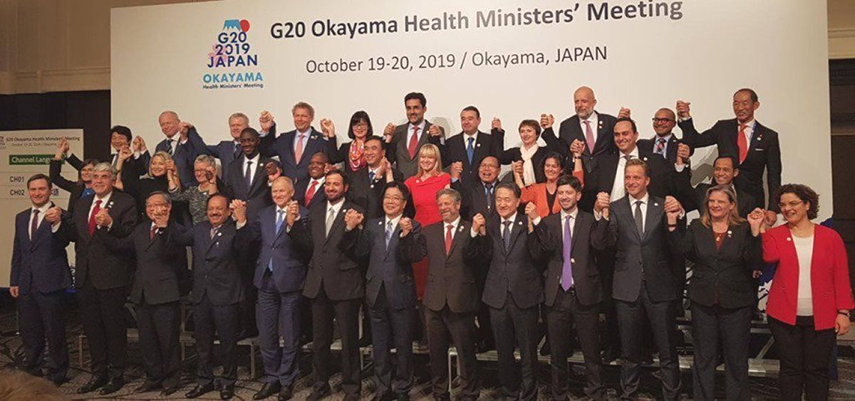 Ministros de Sanidad de los países del G20 durante su reunión en la ciudad japonesa de Okayama (Foto: @drharshvardhan)