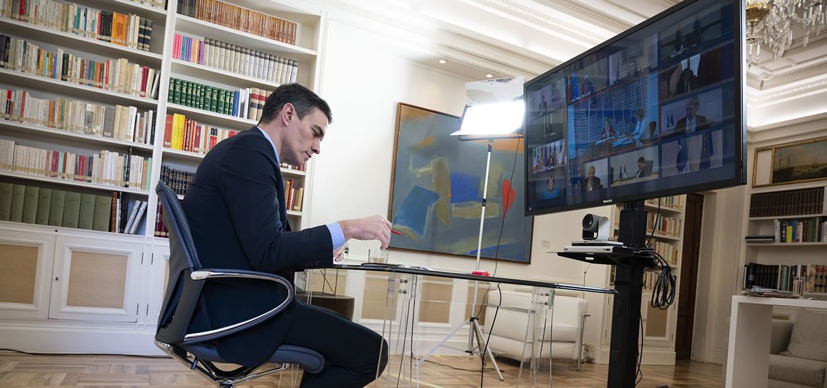 El presidente del Gobierno, Pedro Sánchez, durante su participación en el Consejo Europeo ordinario que se celebra por videoconferencia (Foto. La Moncloa)