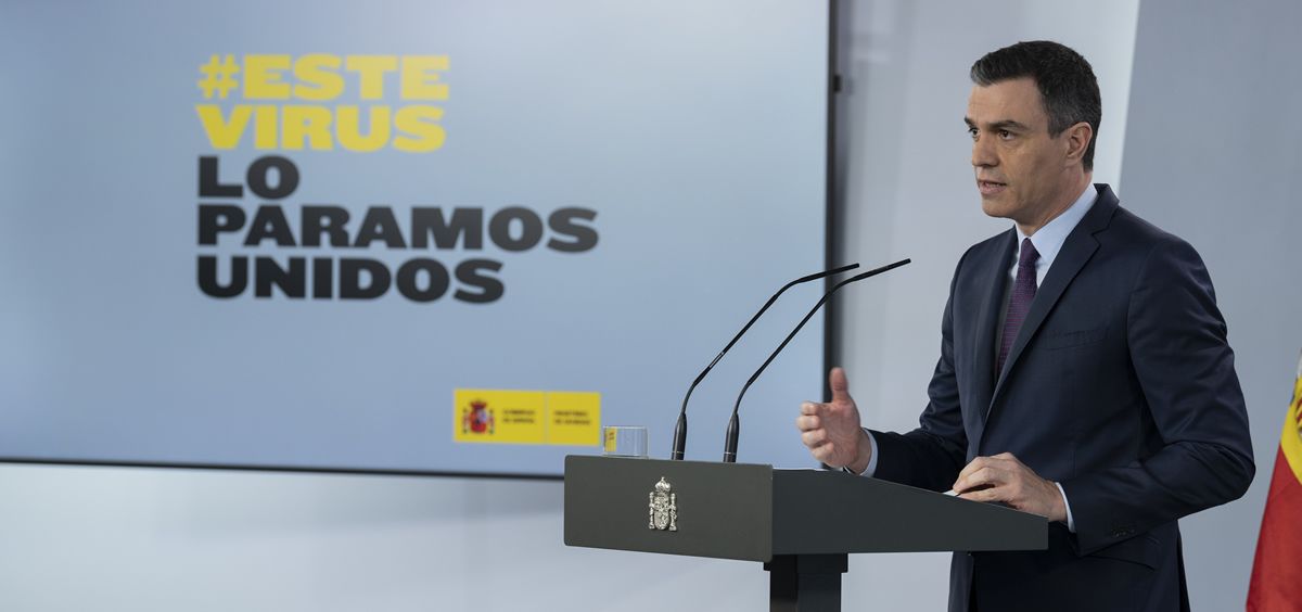 El presidente del Gobierno, Pedro Sánchez, en rueda de prensa telemática (Foto: La Moncloa)