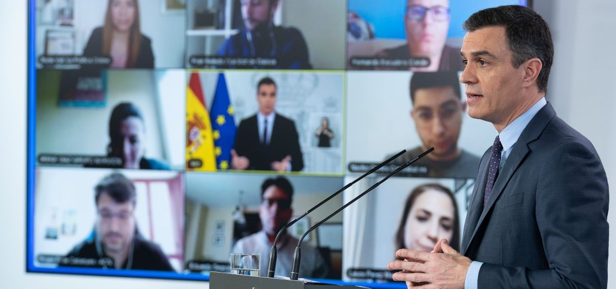 El presidente del Gobierno, Pedro Sánchez, en una rueda de prensa telemática. (Foto. La Moncloa) (1)