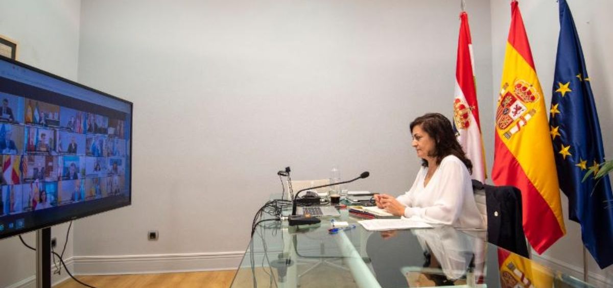 La presidenta del Gobierno de La Rioja, Concha Andreu, en la videoconferencia de presidentes. (Foto. Gobierno de La Rioja)