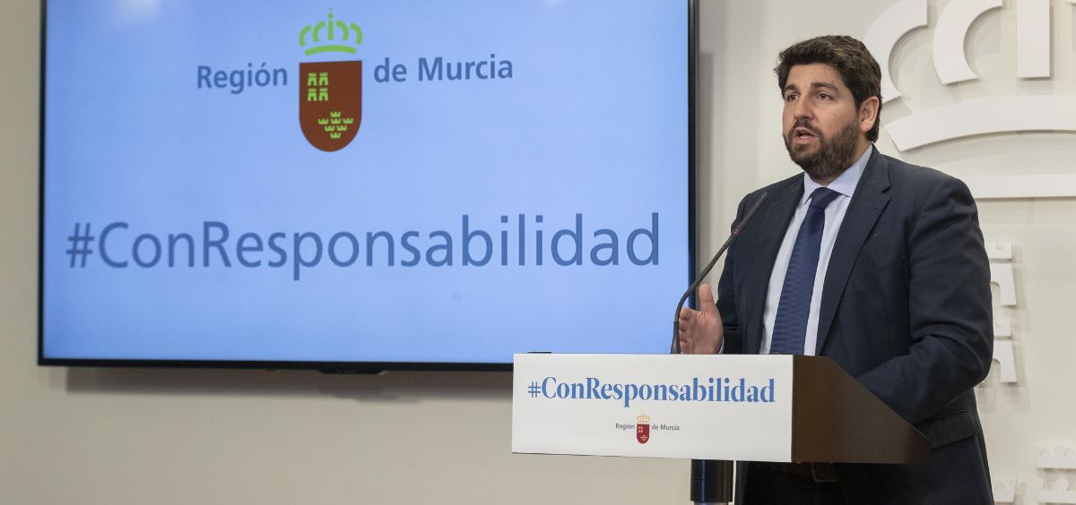 Fernando López Miras, presidente de la Región de Murcia, en rueda de prensa (Foto. Gobierno de Murcia)