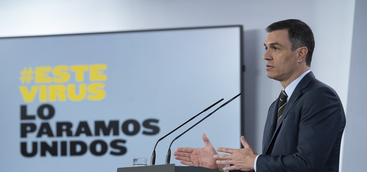 El presidente del Gobierno, Pedro Sánchez, durante la rueda de prensa telemática en La Moncloa. (Foto. Pool Moncloa/Borja Puig de la Bellacasa)