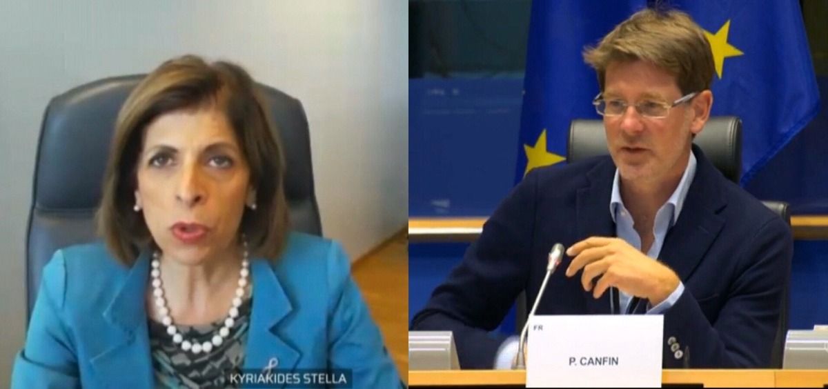 Videoconferencia entre Stella Kyriakides, comisaria de Salud de la UE, y Pascal Canfin, presidente de la Comisión de Salud del Parlamento Europeo (Foto: @SKyriakidesEU)