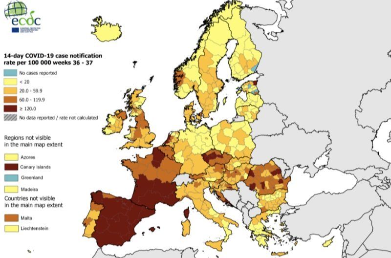 Tasa de notificación de casos de Covid-19 en 14 días a nivel regional en la UE (Fuente: ECDC)