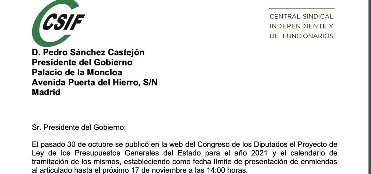 Imagen de la carta enviada por CSIF a Pedro Sánchez. (Foto. CSIF)