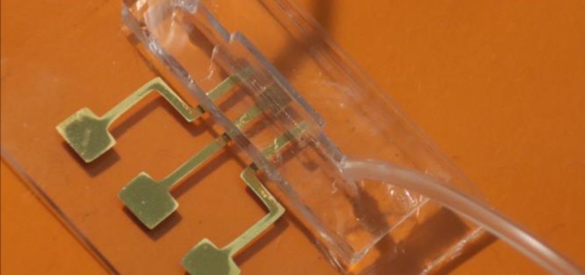 Una imagen del chip de prueba COVID-19 obtenida mediante impresión 3D de nanopartículas por chorro de aerosol. (Foto. Laboratorio de materiales y fabricación avanzada, Facultad de ingeniería, Universidad Carnegie Mellon)