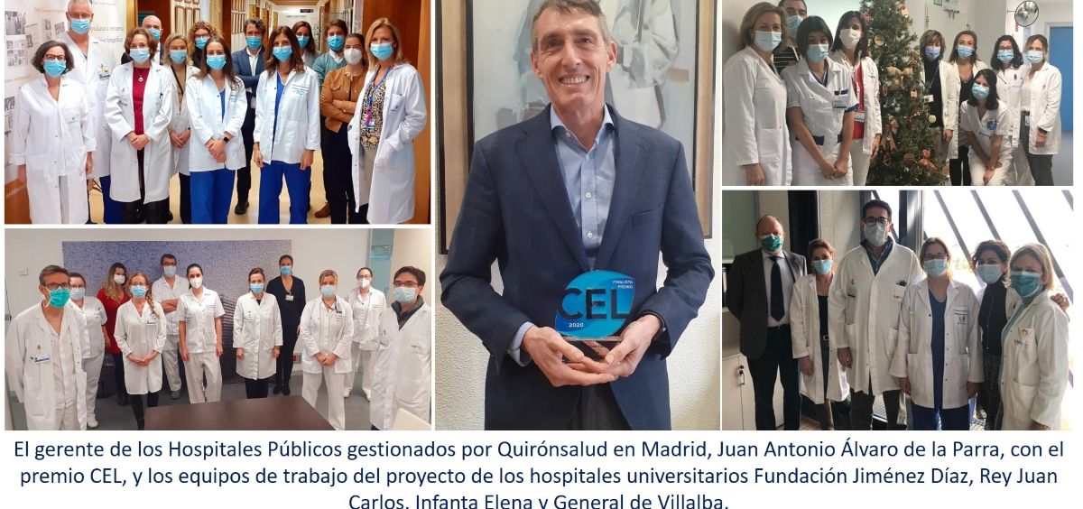 El gerente de los Hospitales Públicos gestionados por QS en Madrid, con el premio, y los equipos de trabajo del proyecto de HUFJD, HURJC, HUIE y HUGV