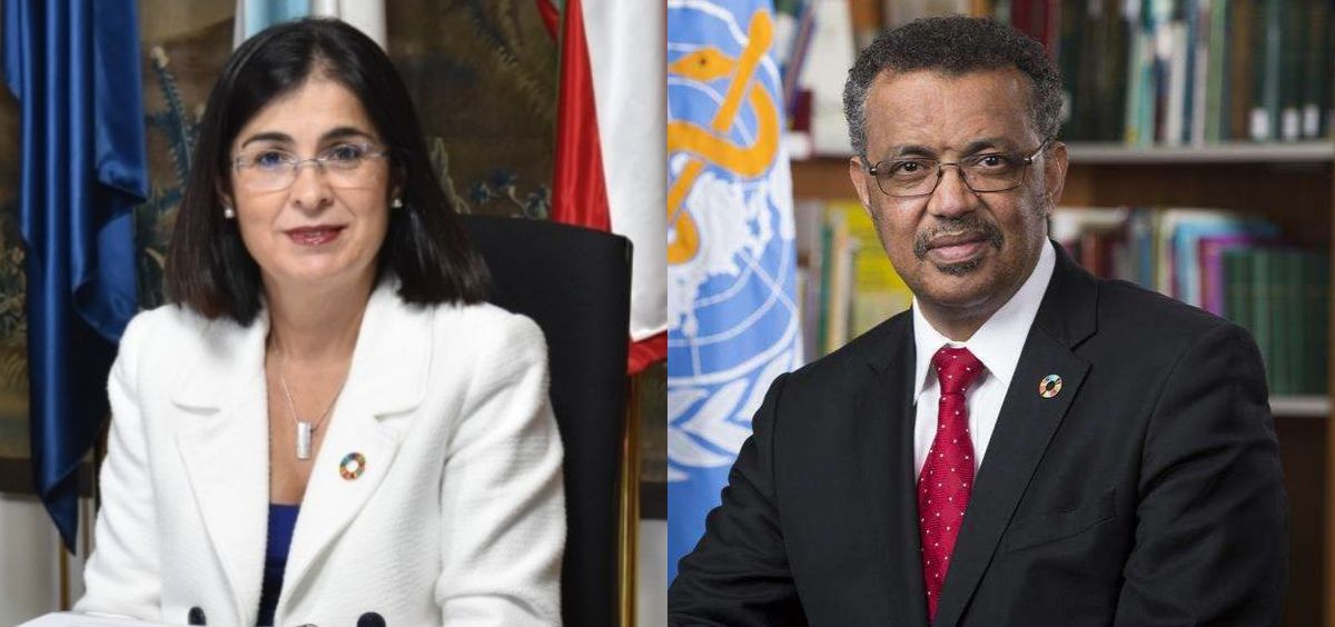 Carolina Darias, ministra de Sanidad, y Tedros Adhanom, director general de la OMS (Montaje: ConSalud)