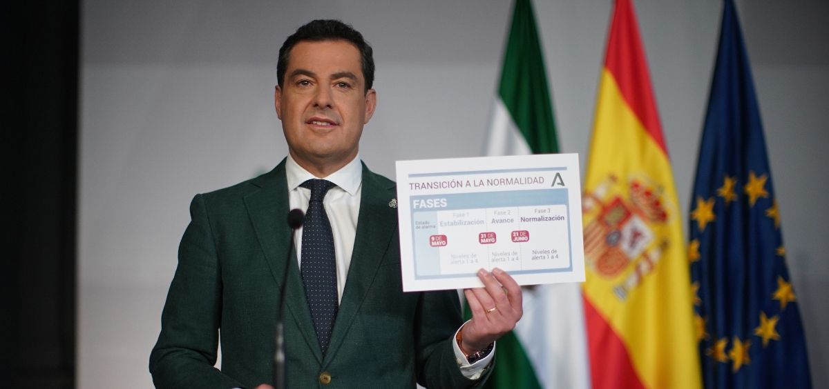 El presidente de la Junta de Andalucía, Juanma Moreno, anuncia las tres fases de desescalada. (Foto. Junta)
