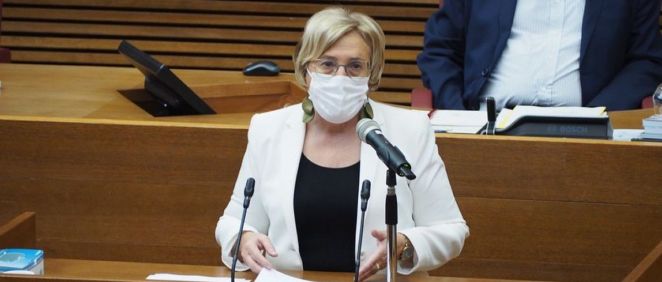 La consejera de Sanidad de la Comunidad Valenciana, Ana Barceló, en las Cortes anunciando la vacunación sin cita en todos los centros masivos de vacunación (Foto. GVA)