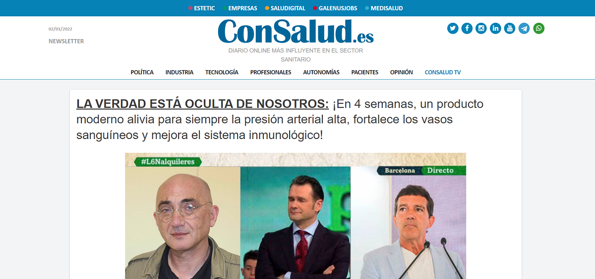 Pantallazo de la información falsa con el uso fraudulento de la cabecera de ConSalud.es y expertos del ámbito de la comunicación y la medicina