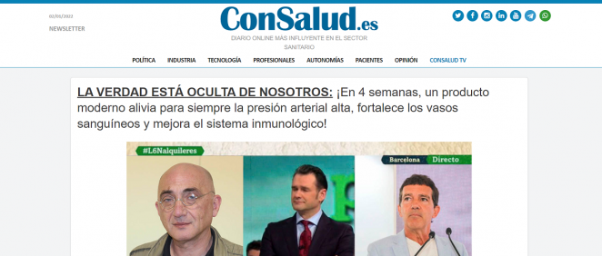 Pantallazo de la información falsa con el uso fraudulento de la cabecera de ConSalud.es y expertos del ámbito de la comunicación y la medicina