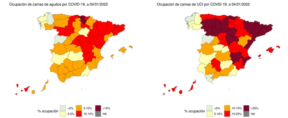 Ocupación de camas de agudos y de UCI con pacientes Covid-19 por provincias (Gráfico: Ministerio de Sanidad)
