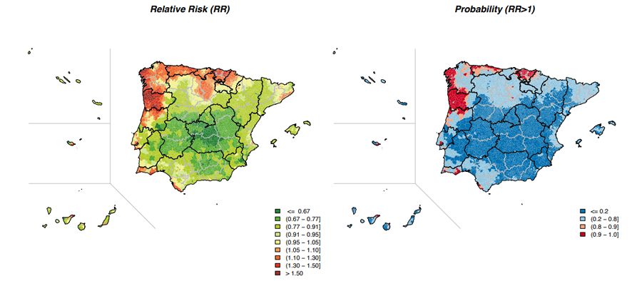 Riesgo de mortalidad por cáncer de esófago (RR) para el periodo 2003 2012 y probabilidad posterior (Foto ISCIII)