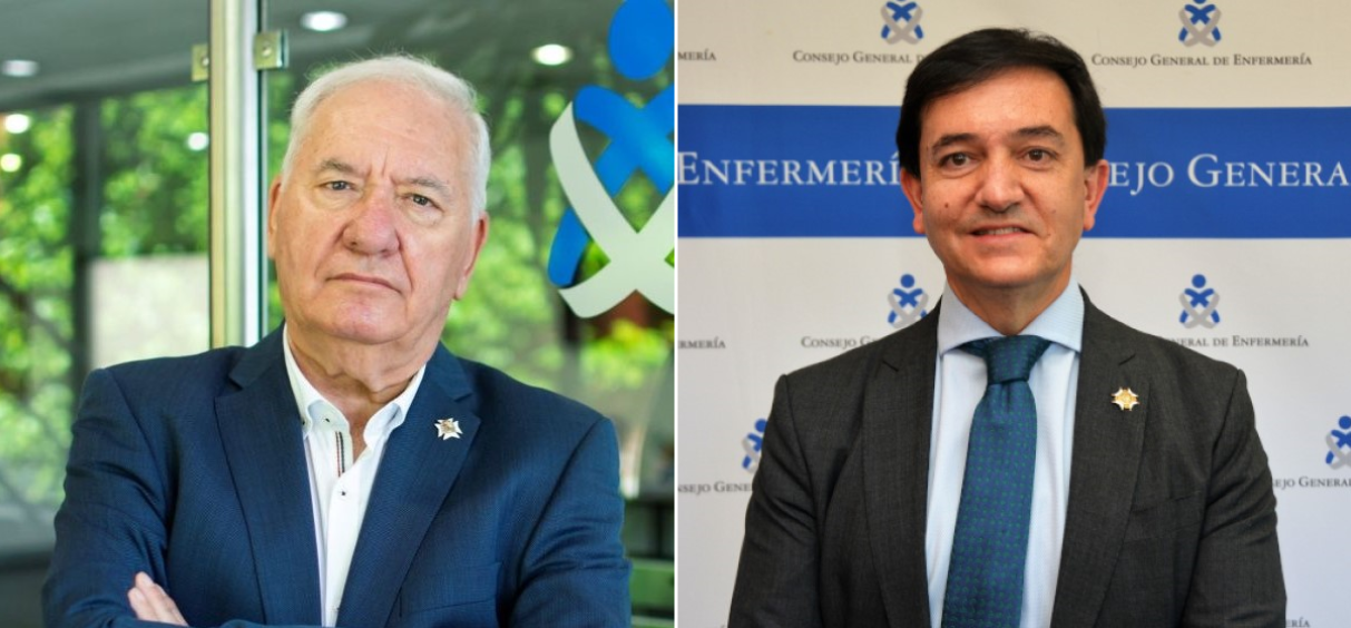 Florentino Pérez Raya y Diego Ayuso, presidente y secretario general del Consejo General de Enfermería, respectivamente. (Fotomontaje. ConSalud.es)