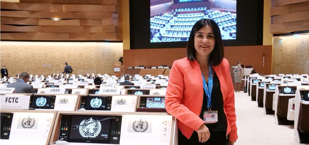 La ministra de Sanidad, Carolina Darias, durante su participación en la Asamblea de la Salud de la OMS. (Foto. Ministerio de Sanidad)