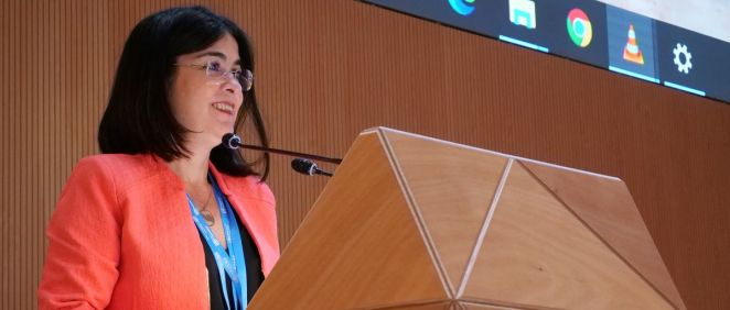 La ministra de Sanidad, Carolina Darias, interviniendo en la 75ª Asamblea Mundial de la Salud (Foto: M.Sanidad)