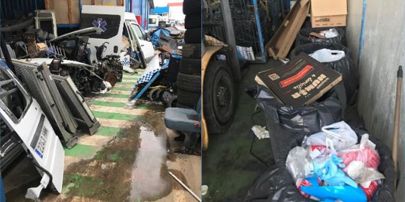 Chatarra y basura acumulada en las instalaciones de Ambulancias Tenorio