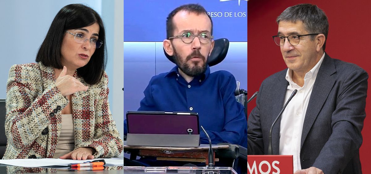 Carolina Darias (i), ministra de Sanidad; Pablo Echenique (c), portavoz de Unidas Podemos; y Patxi López (d), portavoz del PSOE (Foto: ConSalud)