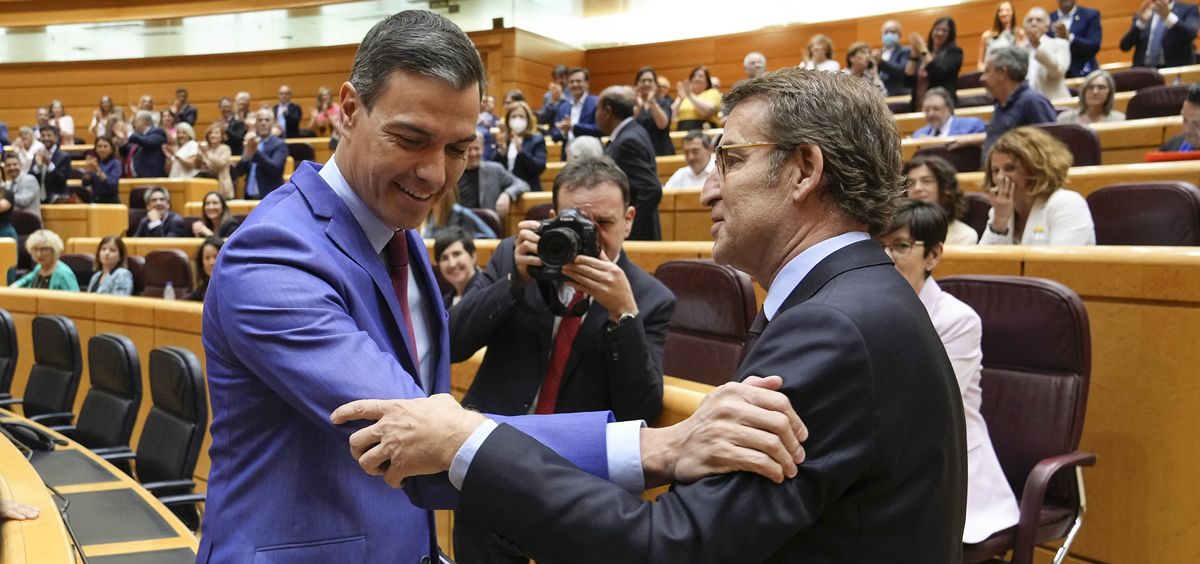 Pedro Sánchez, presidente del Gobierno, y Alberto Núñez Feijóo, líder del PP, en el Senado (Foto: PP)
