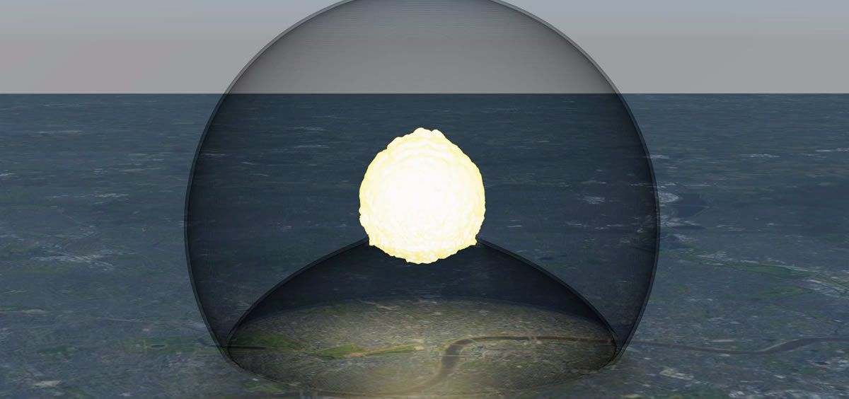 Ilustración 3D de la explosión de aire simulada y la onda expansiva generada 10 segundos después de la detonación de una ojiva nuclear de 750 kT (Foto. Universidad de Nicosia)