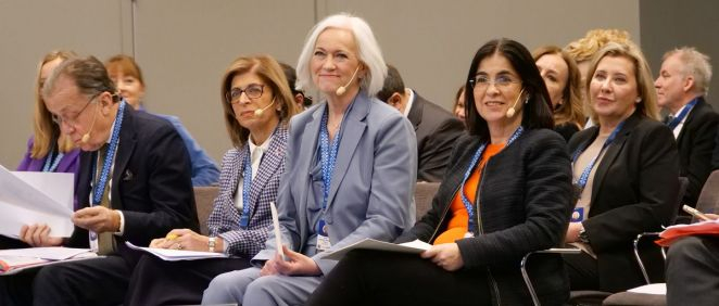 La ministra Carolina Darias en la sesión inaugural del encuentro sobre alto nivel del cáncer en Estocolmo. (Foto: Ministerio de Sanidad)