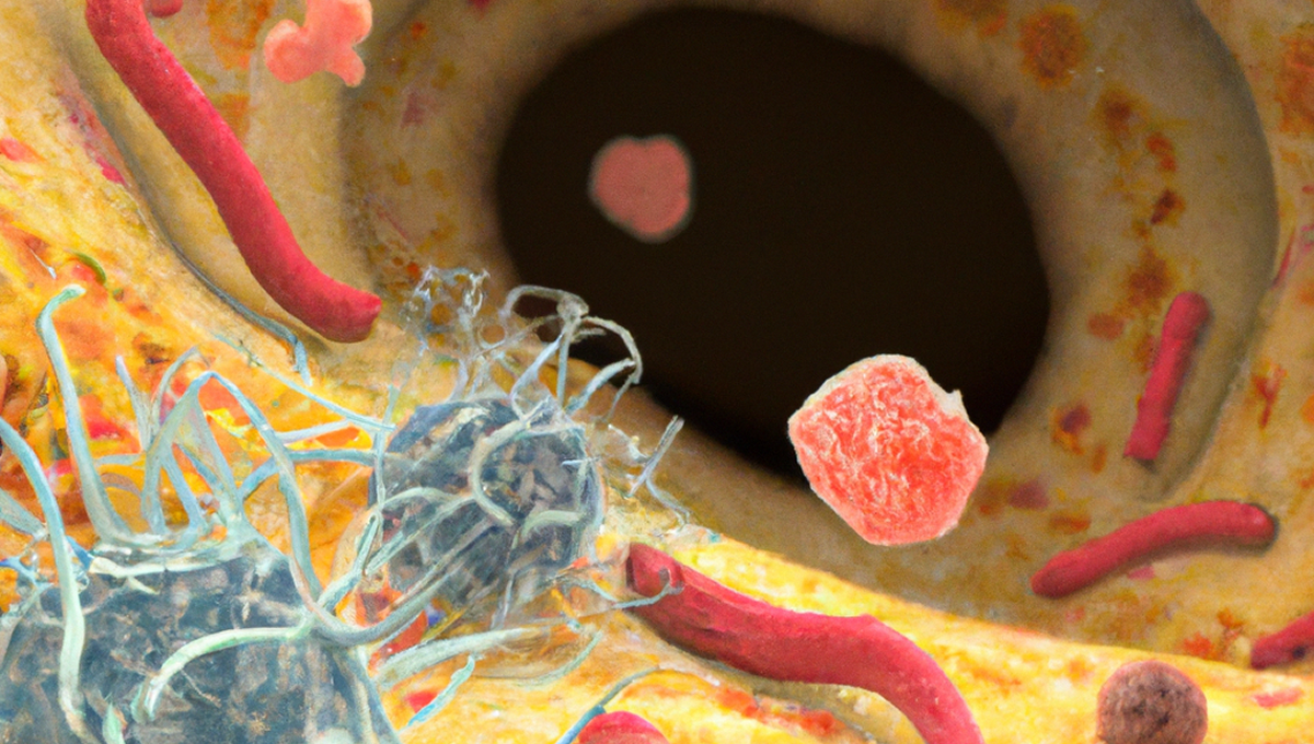 Microbioma interactuando con células cancerígenas (Foto: DALL-E/CSIC)