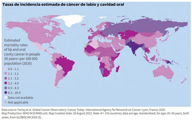 Tasas de incidencia estimada de cáncer de labio y cavidad oral (Fuente Informe sobre la situación mundial de la salud bucodental)