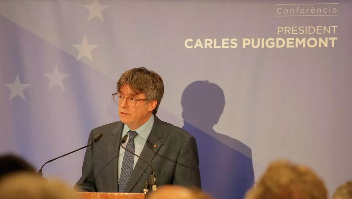 Carles Puigdemont, en la rueda de prensa desde Bruselas. (Foto: Junts)