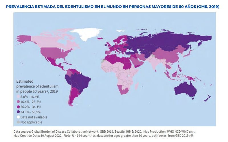 PREVALENCIA ESTIMADA DEL EDENTULISMO EN EL MUNDO EN PERSONAS MAYORES DE 60 AÑOS (OMS, 2019)