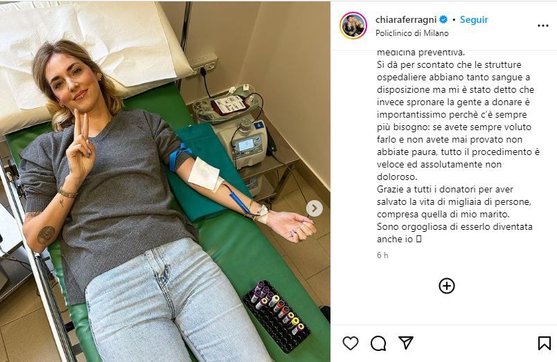 La influencer Chiara Ferragni anima a sus seguidores a donar sangre (Foto: Instagram)