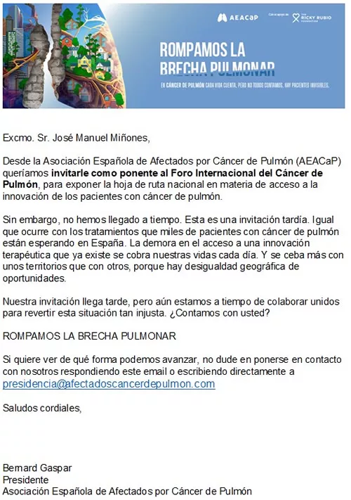 Carta dirigida al ministro de Sanidad, Jose Miñones (Fuente: AEACaP) 