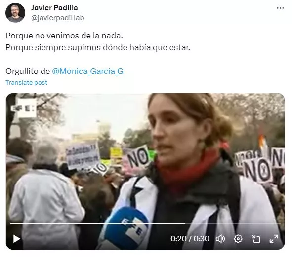 Tuit Javier Padilla sobre Mónica García (Foto. X)