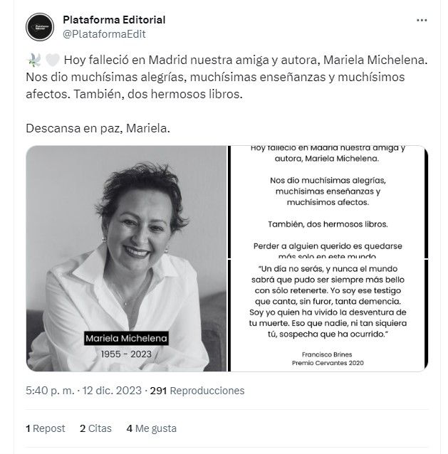 Plataforma Editorial en X lamenta el fallecimiento de Mariela Michelena