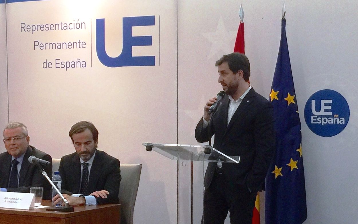 El consejero de Salud de Cataluña, Antoni Comín, durante la presentación de la candidatura de Barcelona para la EMA en Bruselas.