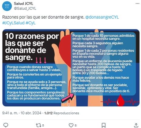 El Canal de Salud de Castilla y León da 10 razones para ser donante de sangre (Foto. @Salud JCYL)