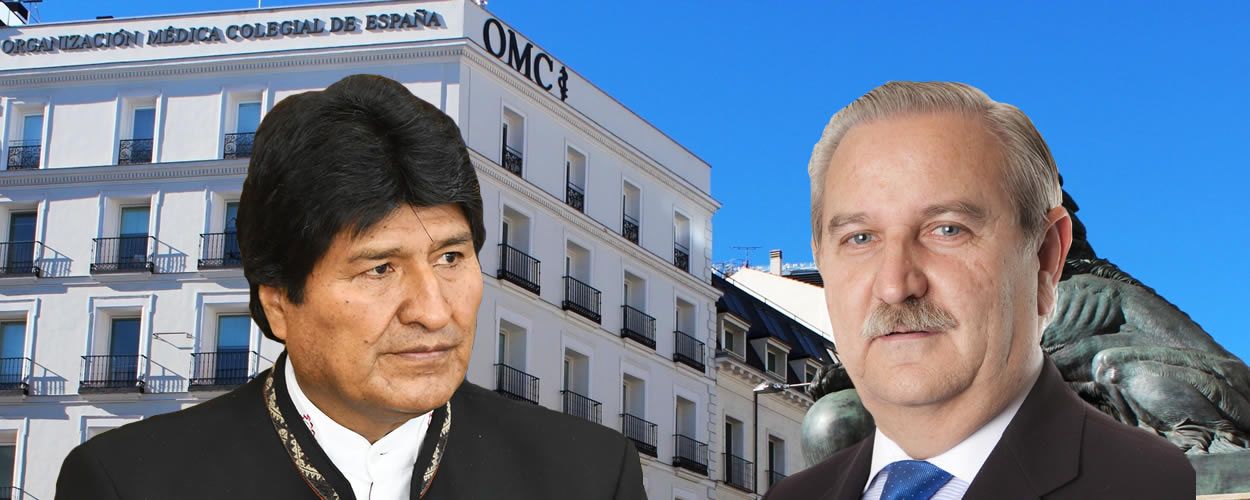 Evo Morales y Serafín Romero, frente a la fachada de la Organización Médica Colegial de España