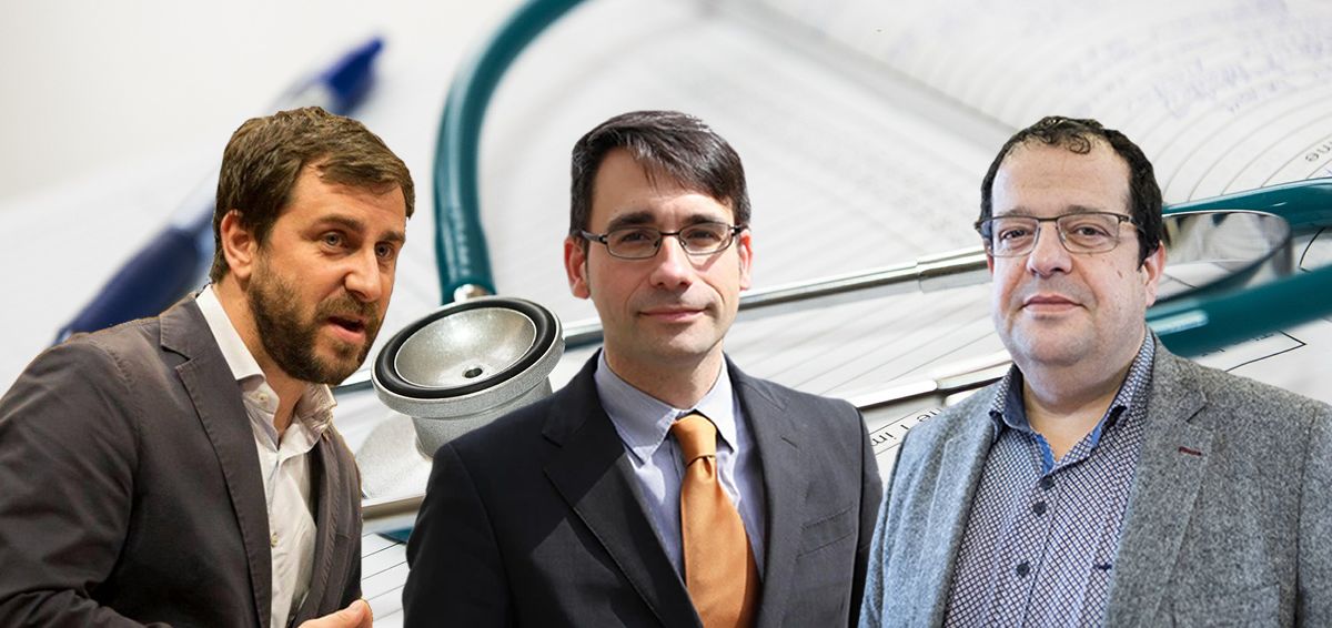 Tres candidatos para liderar la Consejería de Salud de Cataluña: Toni Comín, David Elvira y Joan Ignasi Elena.